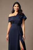 Black Satin Sheath Long Mother of the Bride Dress with Slit