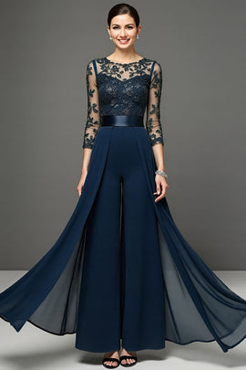 Navy Chiffon Mother of the Bride Pantsuits with Appliques