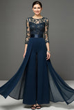 Navy Chiffon Mother of the Bride Pantsuits with Appliques