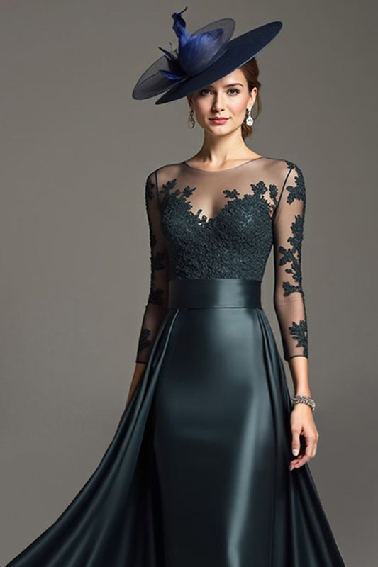 Navy Illusion Neck Long Satin Mother of the Bride Dress with Lace