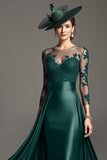 Navy Illusion Neck Long Satin Mother of the Bride Dress with Lace