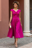 Fuchsia A Line Satin V-Neck Midi Mother of the Bride Dress