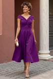 Fuchsia A Line Satin V-Neck Midi Mother of the Bride Dress