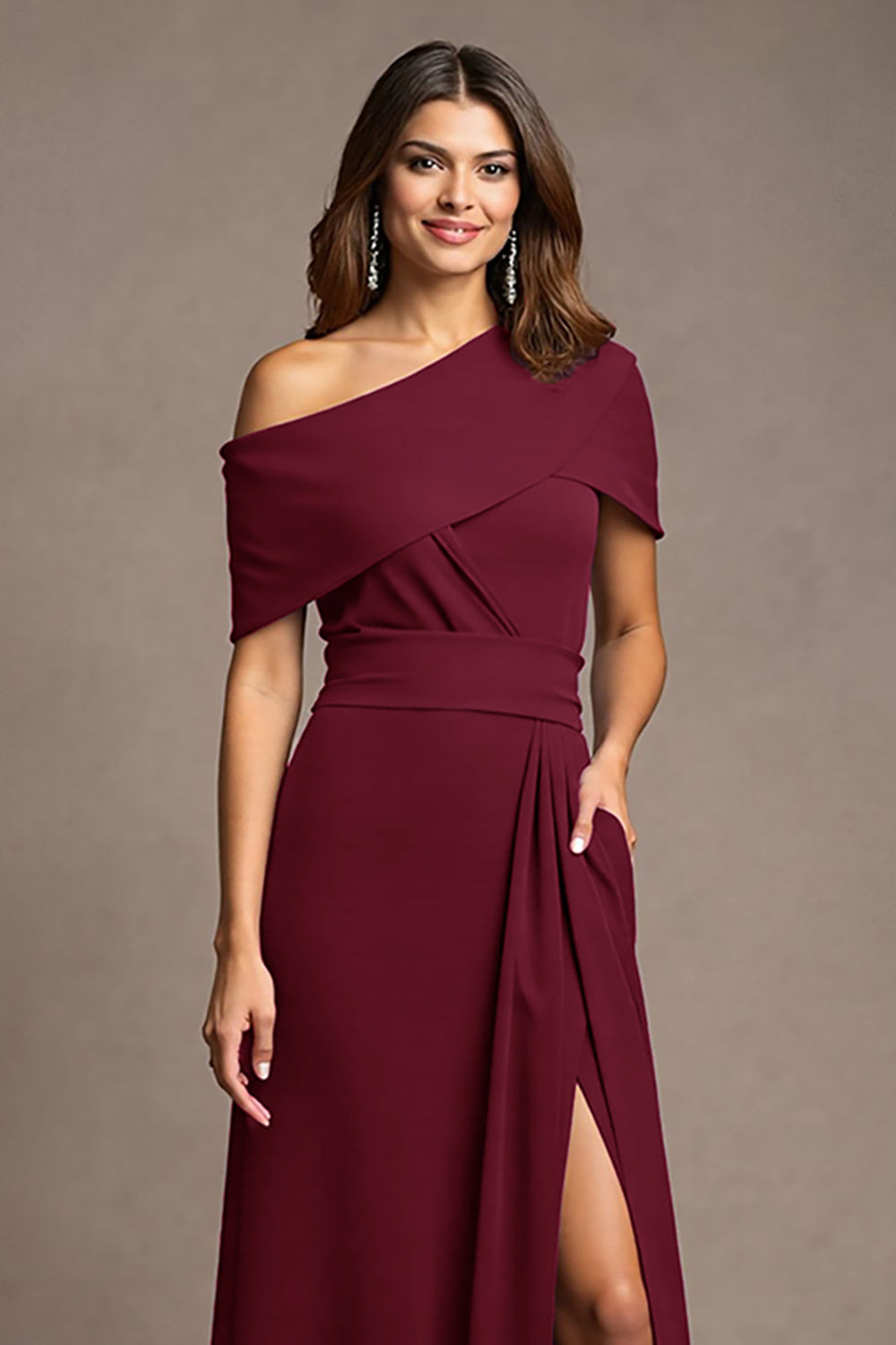 Burgundy Sheath Satin Long Mother of the Bride Dress with Slit