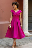 Dusty Rose V-Neck A Line Satin Midi Mother of the Bride Dress