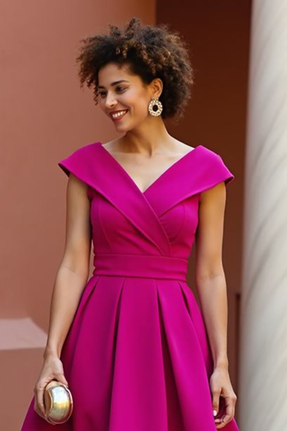 Dusty Rose V-Neck A Line Satin Midi Mother of the Bride Dress