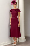 Burgundy A Line Satin Midi Mother of the Bride Dress with Ruffles