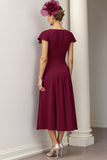 Burgundy A Line Satin Midi Mother of the Bride Dress with Ruffles