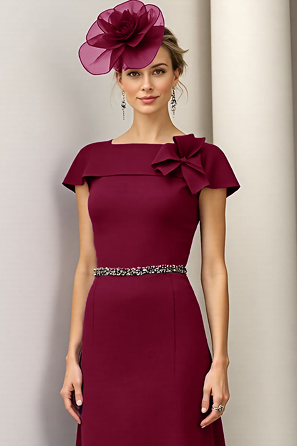Burgundy A Line Satin Midi Mother of the Bride Dress with Ruffles