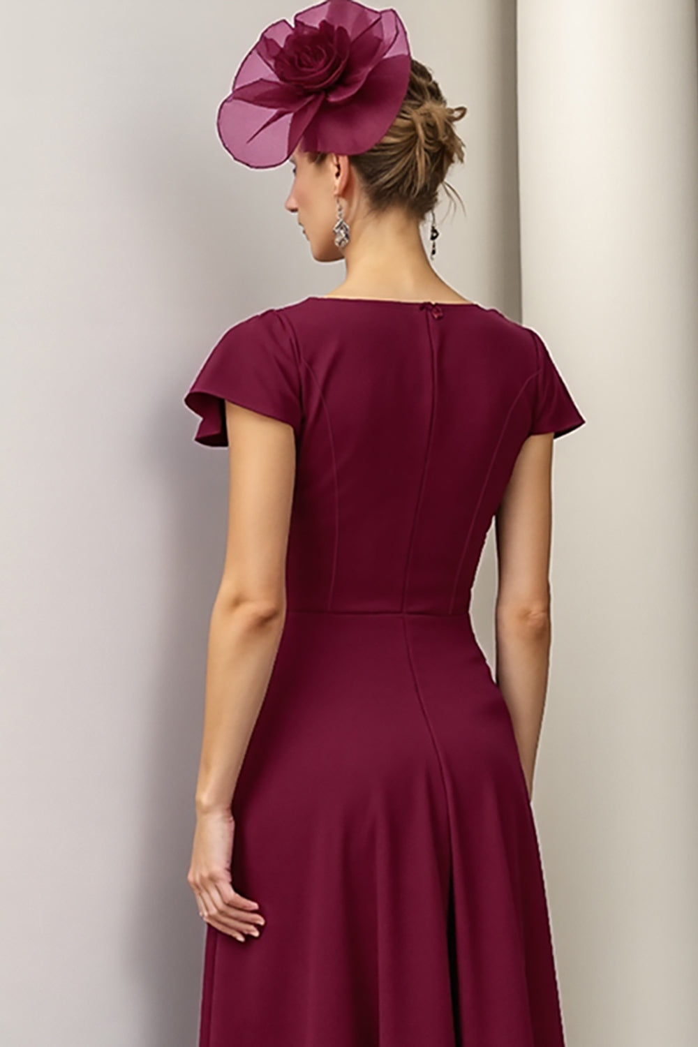 Burgundy A Line Satin Midi Mother of the Bride Dress with Ruffles