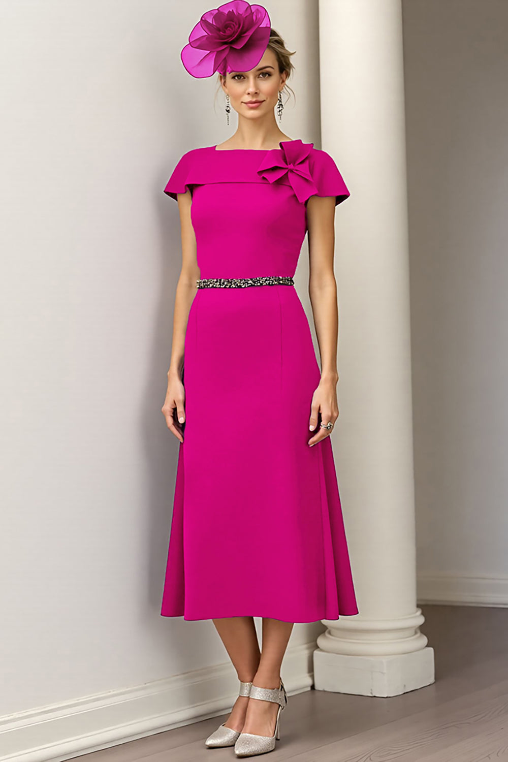Burgundy A Line Satin Midi Mother of the Bride Dress with Ruffles