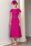Burgundy A Line Satin Midi Mother of the Bride Dress with Ruffles