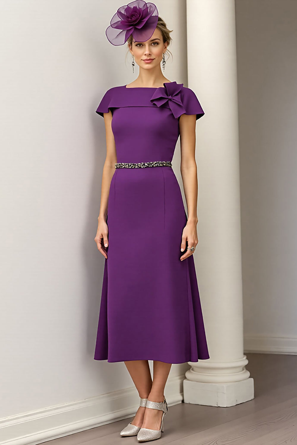 Burgundy A Line Satin Midi Mother of the Bride Dress with Ruffles