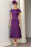 Burgundy A Line Satin Midi Mother of the Bride Dress with Ruffles