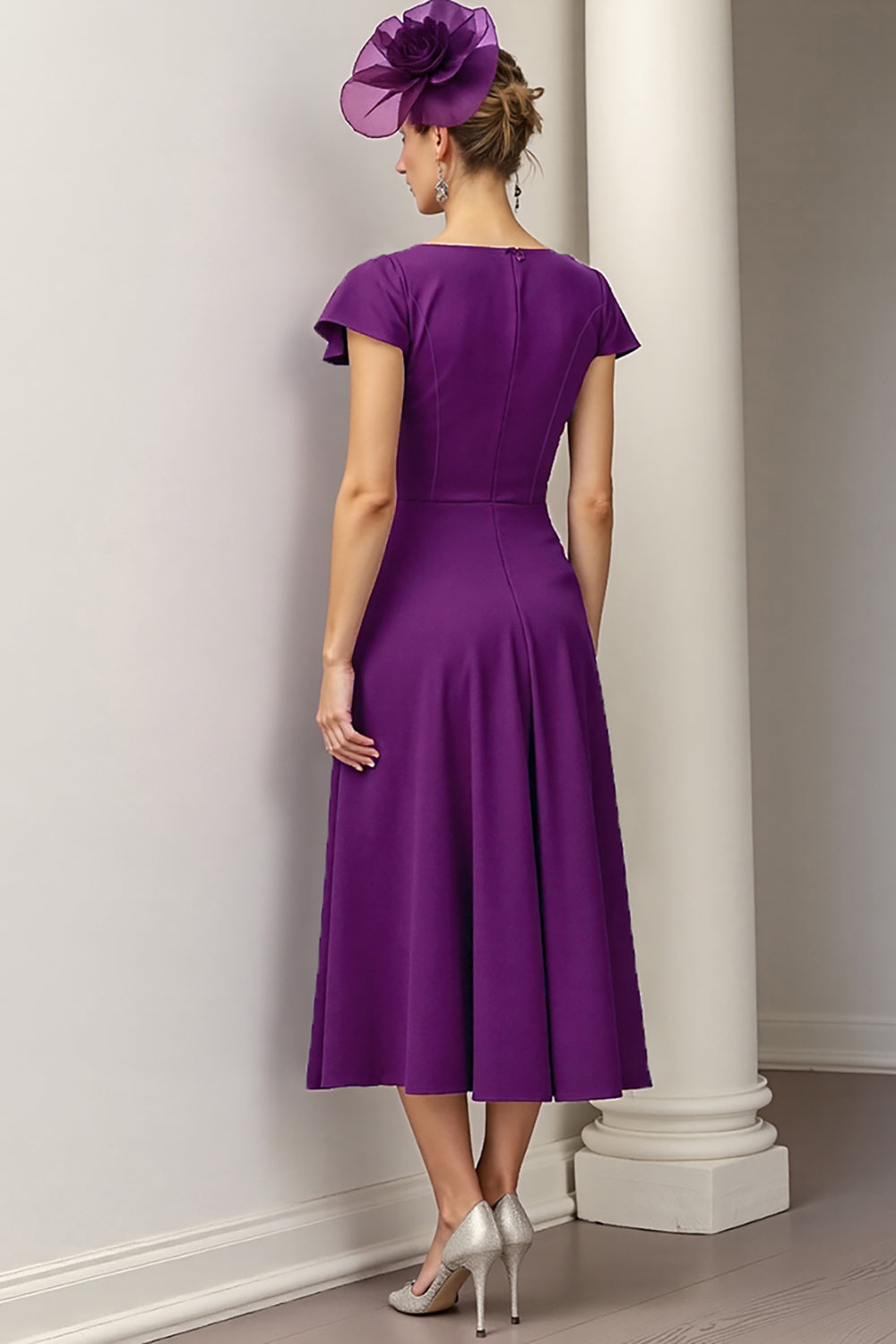 Burgundy A Line Satin Midi Mother of the Bride Dress with Ruffles
