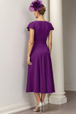 Burgundy A Line Satin Midi Mother of the Bride Dress with Ruffles