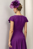Burgundy A Line Satin Midi Mother of the Bride Dress with Ruffles
