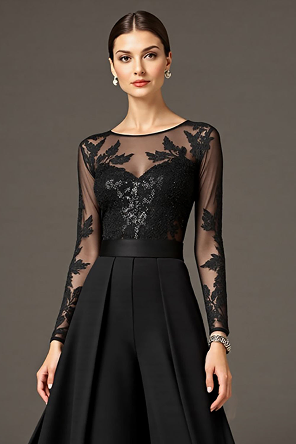 Black A Line Chiffon Long Mother of the Bride Dress with Lace