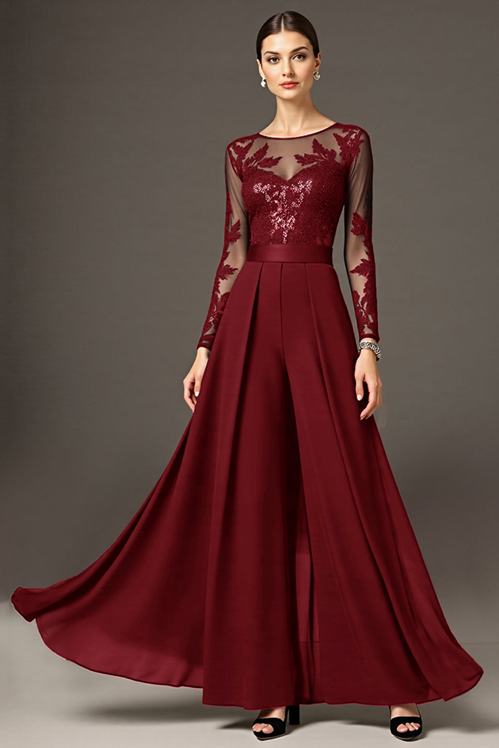 Zapakasa Women Black Chiffon Long Mother of the Bride Jumpsuits with Lace A Line Illusion Neck Wedding Guest Jumpsuits with Sleeves Zapakasa Women Black Chiffon Long Mother of the Bride Jumpsuits with Lace A Line Illusion Neck Wedding Guest Jumpsuits with Sleeves