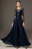 Black A Line Chiffon Long Mother of the Bride Dress with Lace