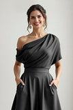 Black A Line Long Satin Mother of the Bride Dress with Pockets