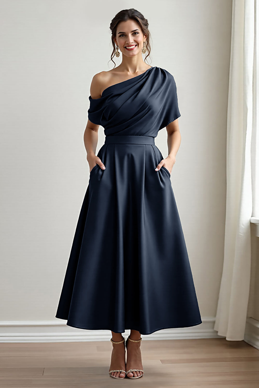 Zapakasa Women Black A Line Long Satin Mother of the Bride Dress with Pockets One Shoulder Ruched Wedding Guest Dress with Sleeves Zapakasa Women Black A Line Long Satin Mother of the Bride Dress with Pockets One Shoulder Ruched Wedding Guest Dress with Sleeves