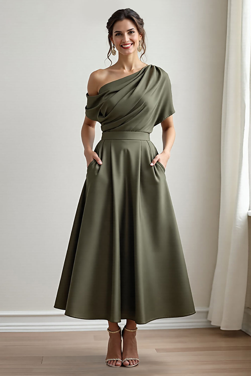 Zapakasa Women Black A Line Long Satin Mother of the Bride Dress with Pockets One Shoulder Ruched Wedding Guest Dress with Sleeves Zapakasa Women Black A Line Long Satin Mother of the Bride Dress with Pockets One Shoulder Ruched Wedding Guest Dress with Sleeves