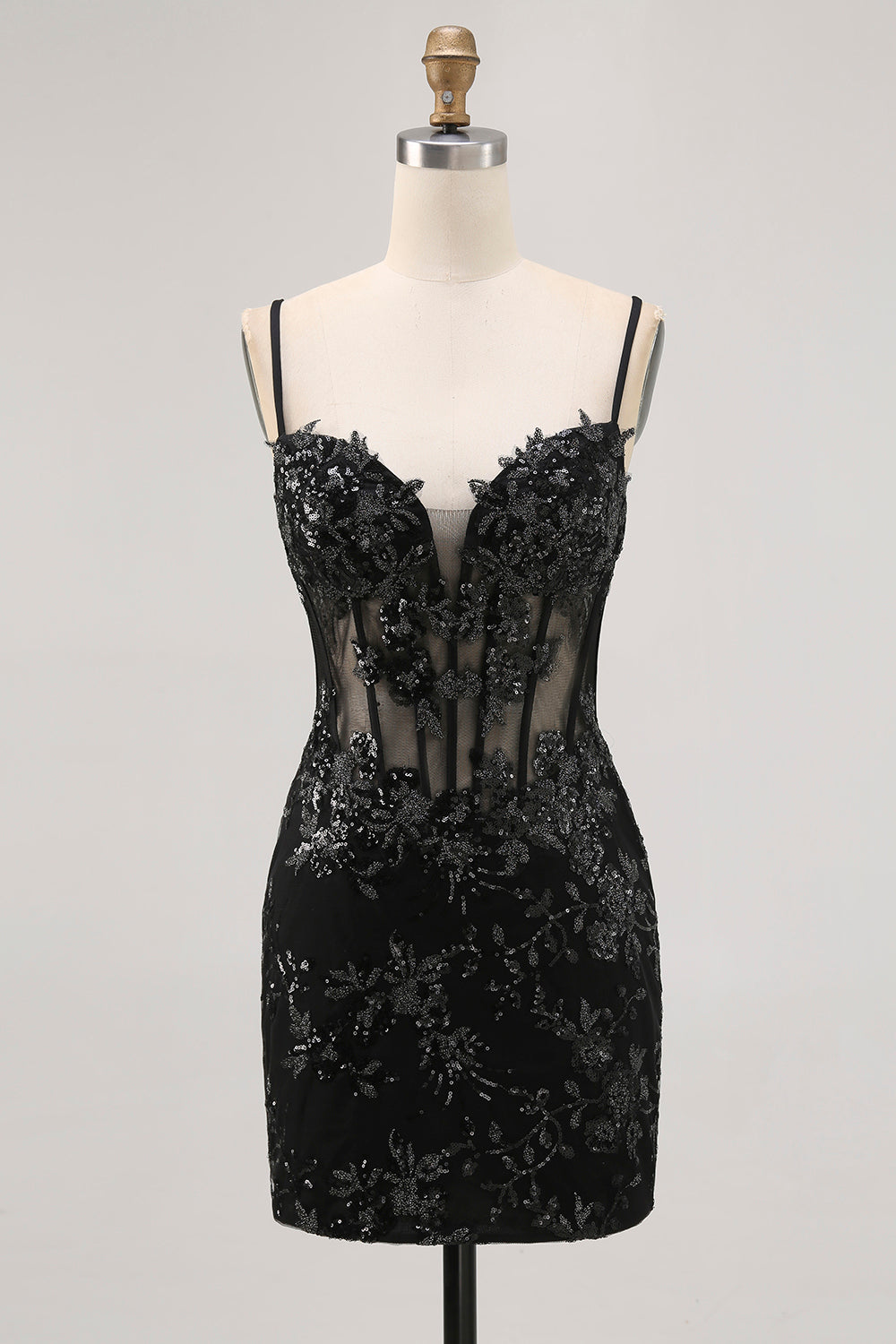 Sparkly Black Corset Tight Spaghetti Straps Short Homecoming Dress with Lace