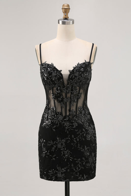 Sparkly Black Corset Tight Spaghetti Straps Short Homecoming Dress with Lace