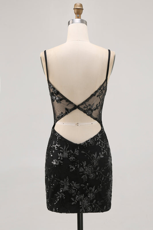 Sparkly Black Corset Tight Spaghetti Straps Short Homecoming Dress with Lace
