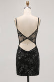 Sparkly Black Corset Tight Spaghetti Straps Short Homecoming Dress with Lace