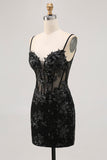 Sparkly Black Corset Tight Spaghetti Straps Short Homecoming Dress with Lace