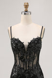 Sparkly Black Corset Tight Spaghetti Straps Short Homecoming Dress with Lace