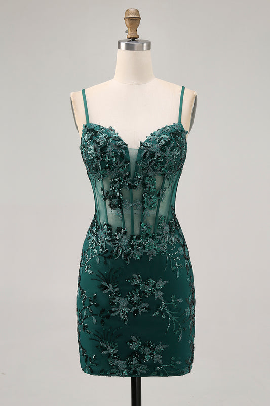 Sparkly Dark Green Corset Tight Short Homecoming Dress with Sequins