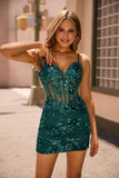 Sparkly Dark Green Corset Tight Short Homecoming Dress with Sequins