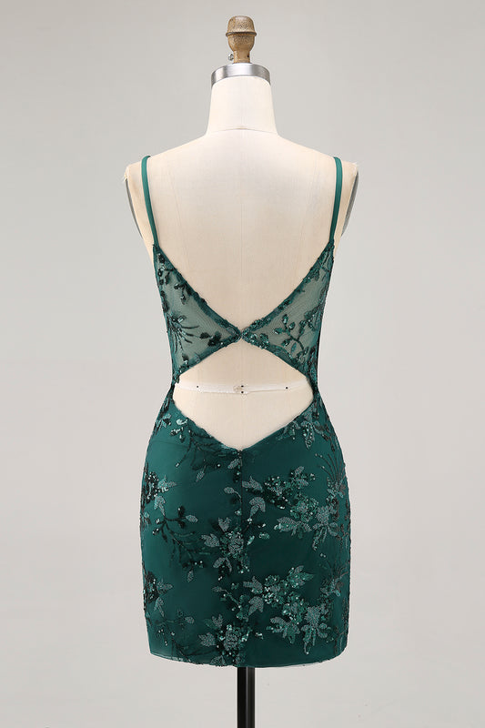Sparkly Dark Green Corset Tight Short Homecoming Dress with Sequins
