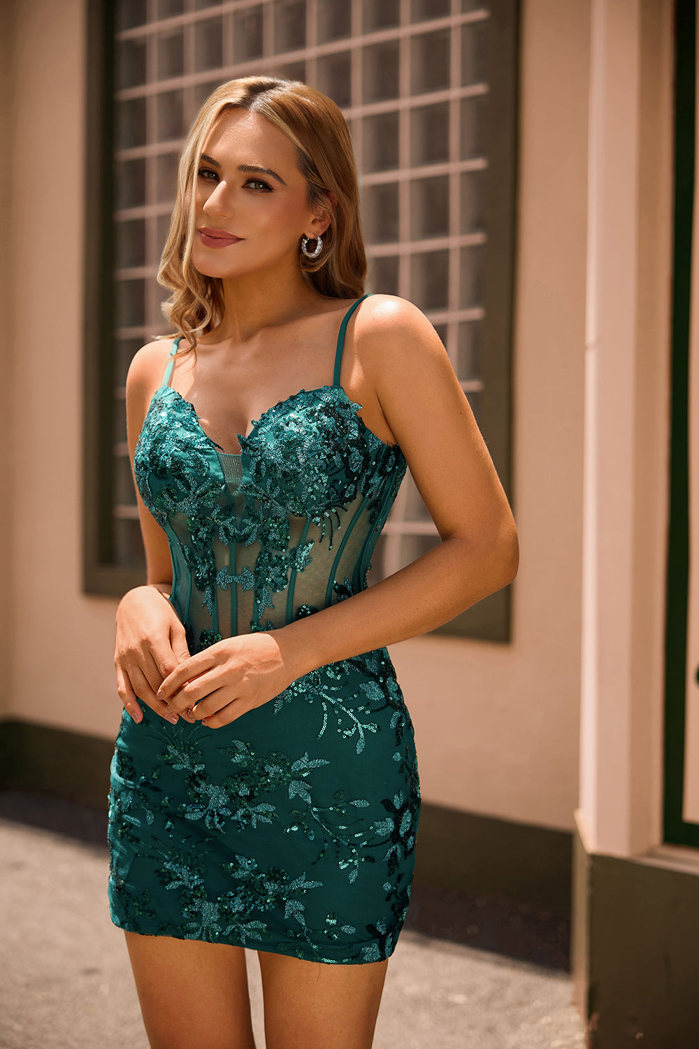 Sparkly Dark Green Corset Short Tight Homecoming Dress with Sequins