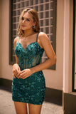 Sparkly Dark Green Corset Short Tight Homecoming Dress with Sequins
