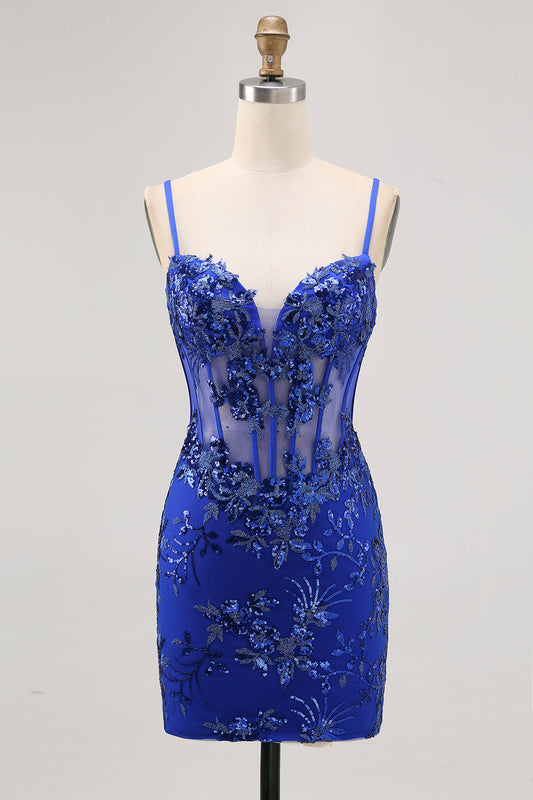 Sparkly Royal Blue Tight Tulle Corset Short Homecoming Dress with Lace
