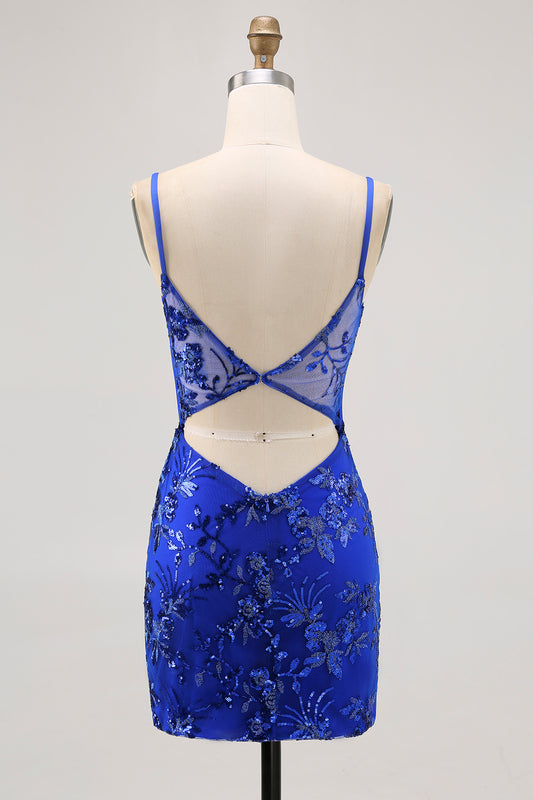 Sparkly Royal Blue Tight Tulle Corset Short Homecoming Dress with Lace