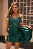 Zapakasa Women Sparkly Dark Green Corset Homecoming Dress with Sweetheart Satin Side Cape Tight Short Cocktail Dress with Sequins