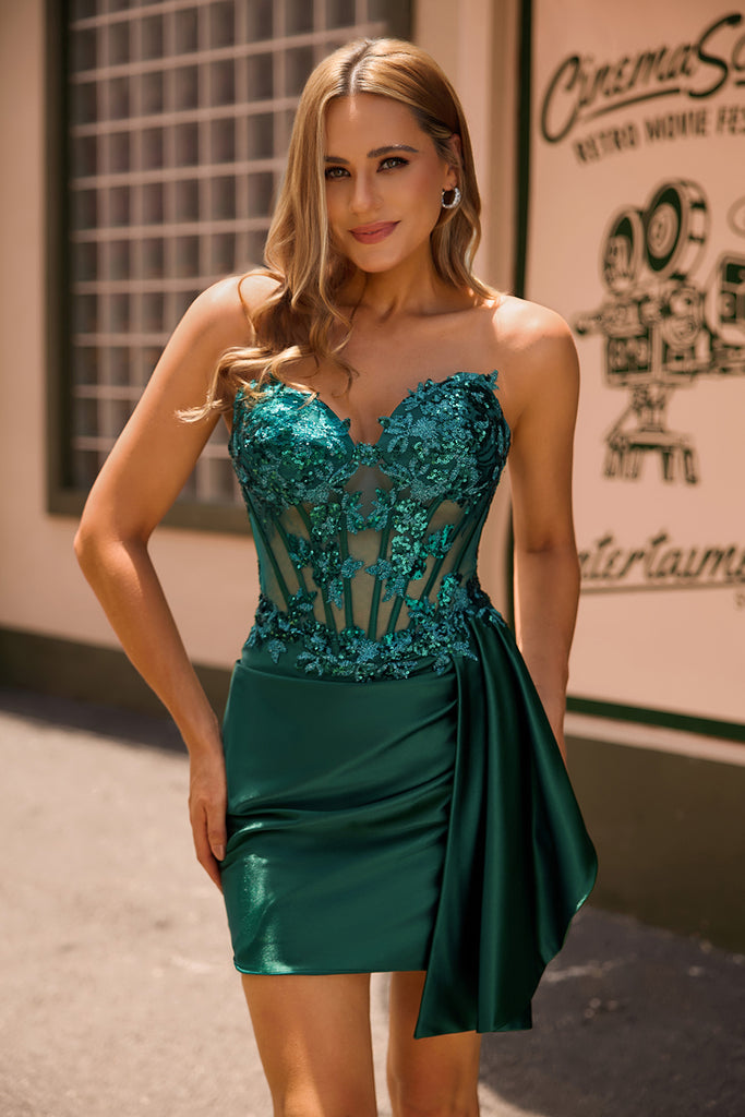 Zapakasa Women Sparkly Dark Green Corset Short Homecoming Dress with
