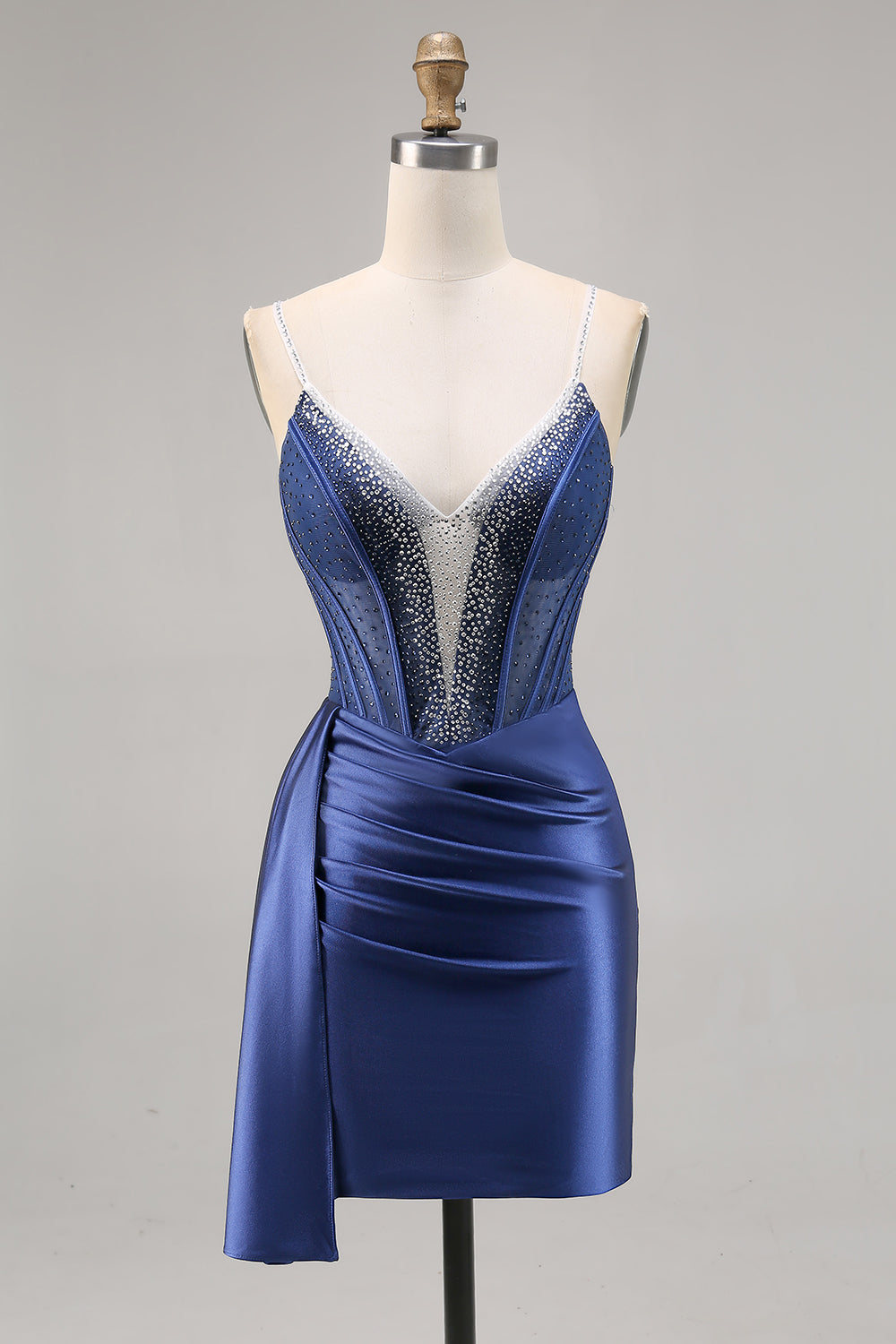 Sparkly Navy Corset Tight Satin Short Homecoming Dress with Beading