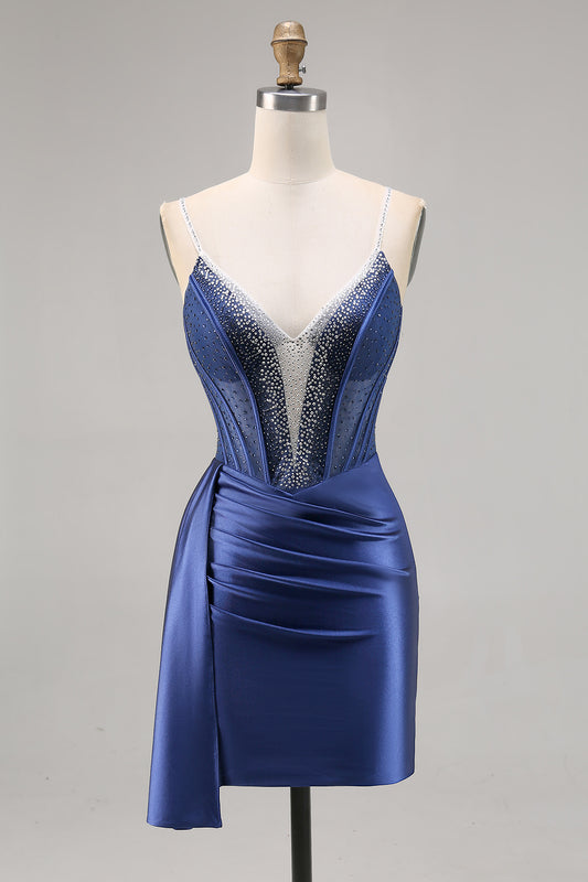Sparkly Navy Corset Satin Short Homecoming Dress with Beading