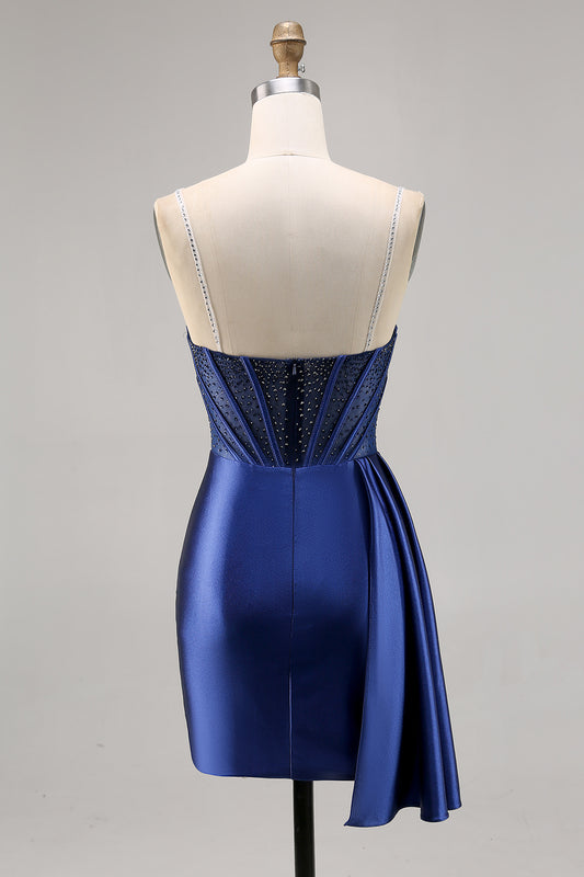 Sparkly Navy Corset Satin Short Homecoming Dress with Beading