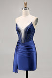 Sparkly Navy Corset Satin Short Homecoming Dress with Beading