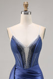 Sparkly Navy Corset Satin Short Homecoming Dress with Beading