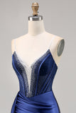 Sparkly Navy Corset Satin Short Homecoming Dress with Beading