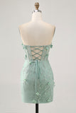 Sparkly Sage Floral Corset Tight Short Homecoming Dress with Beading