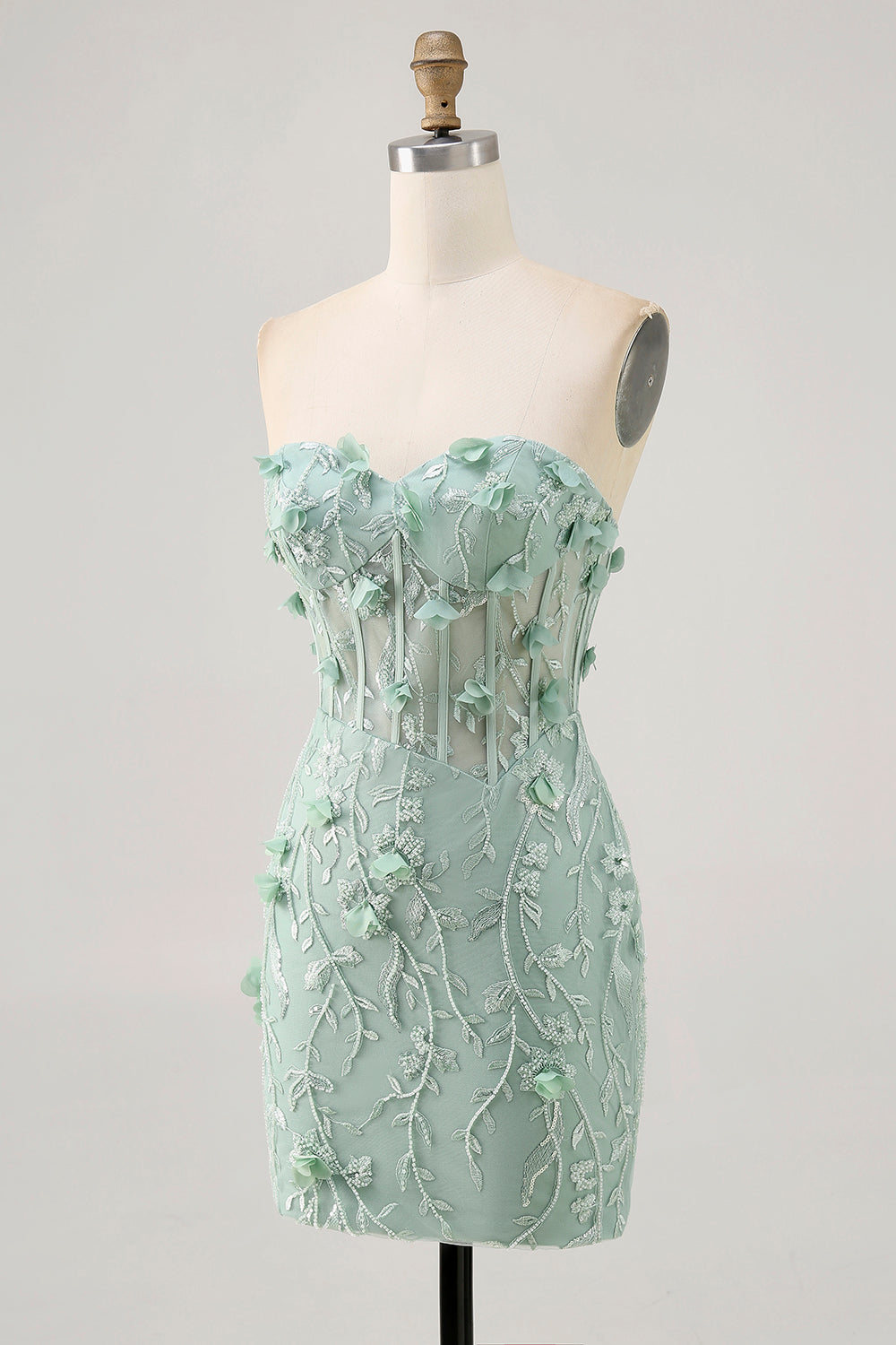 Sparkly Sage Floral Sweetheart Corset Tight Short Homecoming Dress with Beading